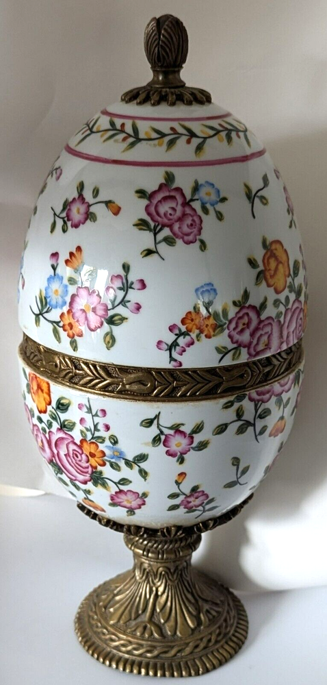 Vintage Porcelain Egg Statue with Bronze Mounts 14 Inch Oriental Decor