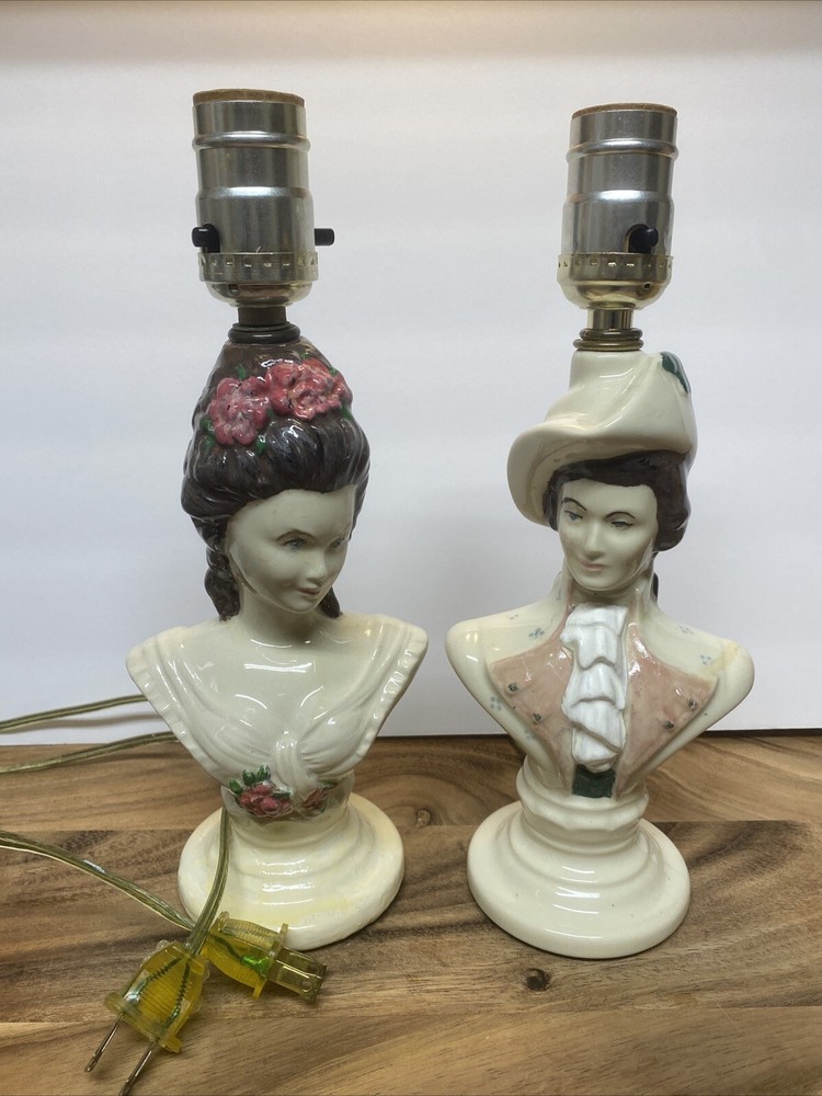 VTG Boudoir Porcelain Bust Lamp Set William FB Johnson Academia Regency WORKING