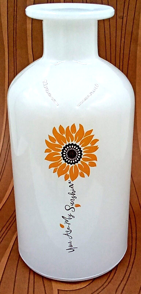 You are My Sunshine Sunflower Bottle Vase White Glass Floral Black Yellow Gold