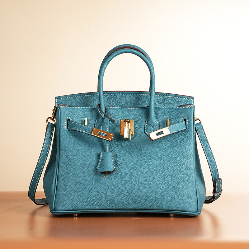 Genuine Leather Cowhide Handmade Platinum Bag Lock Casual Handbag Tote Bag