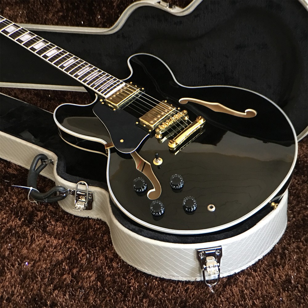 Custom Black Semi-Hollow ES Electric Guitar with HH Pickups