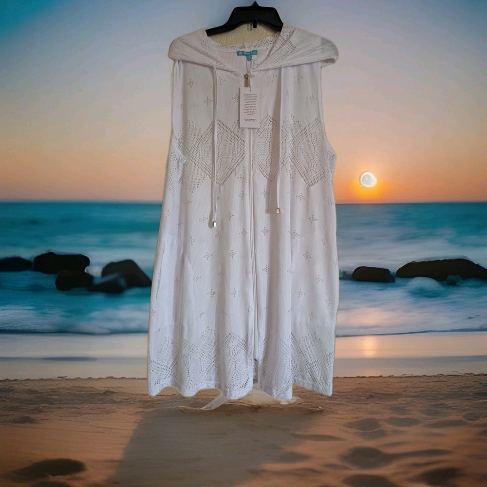 NEW White Hood Beach Mesh Bathing swim suit cover-up 2X  Womens  Zip up Pockets