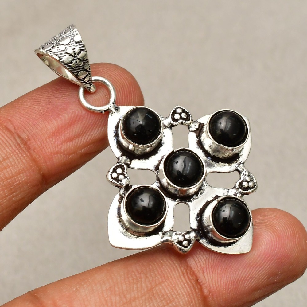 Black Onyx Gemstone Sterling Silver Handmade Pendant Necklace 1.8 Inch