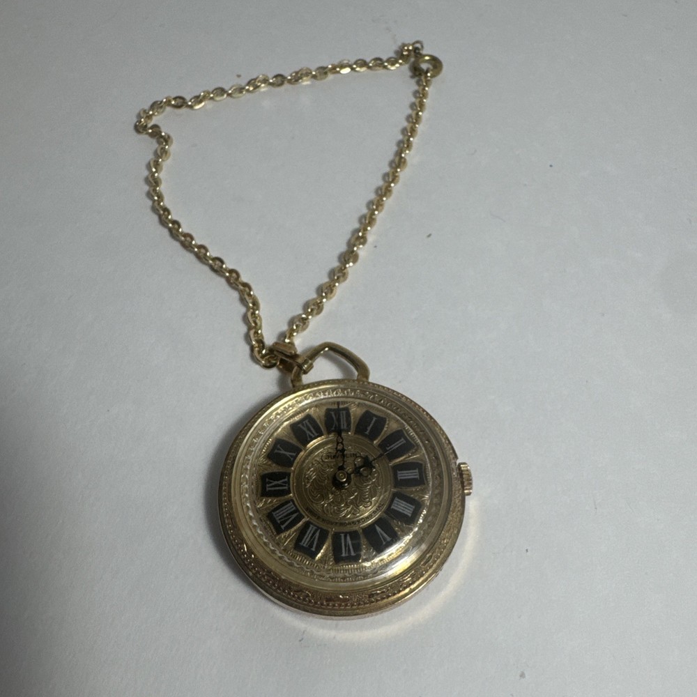 Vintage Roman Numeral Pocket Watch with Chain Swiss Hong Kong Juvelin