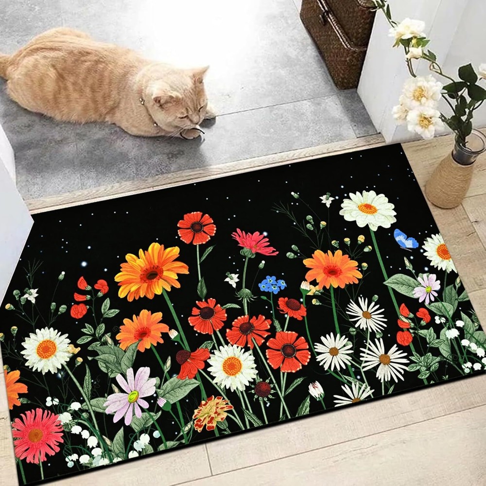 Spring Summer Floral Washable Indoor Door Mat Low Profile Rug