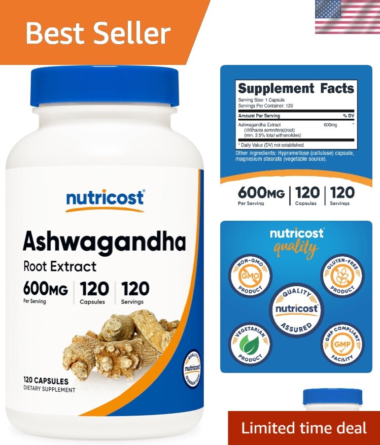 600mg Ashwagandha Herbal Supplement - 120 Vegetarian Capsules, Non-GMO Formula