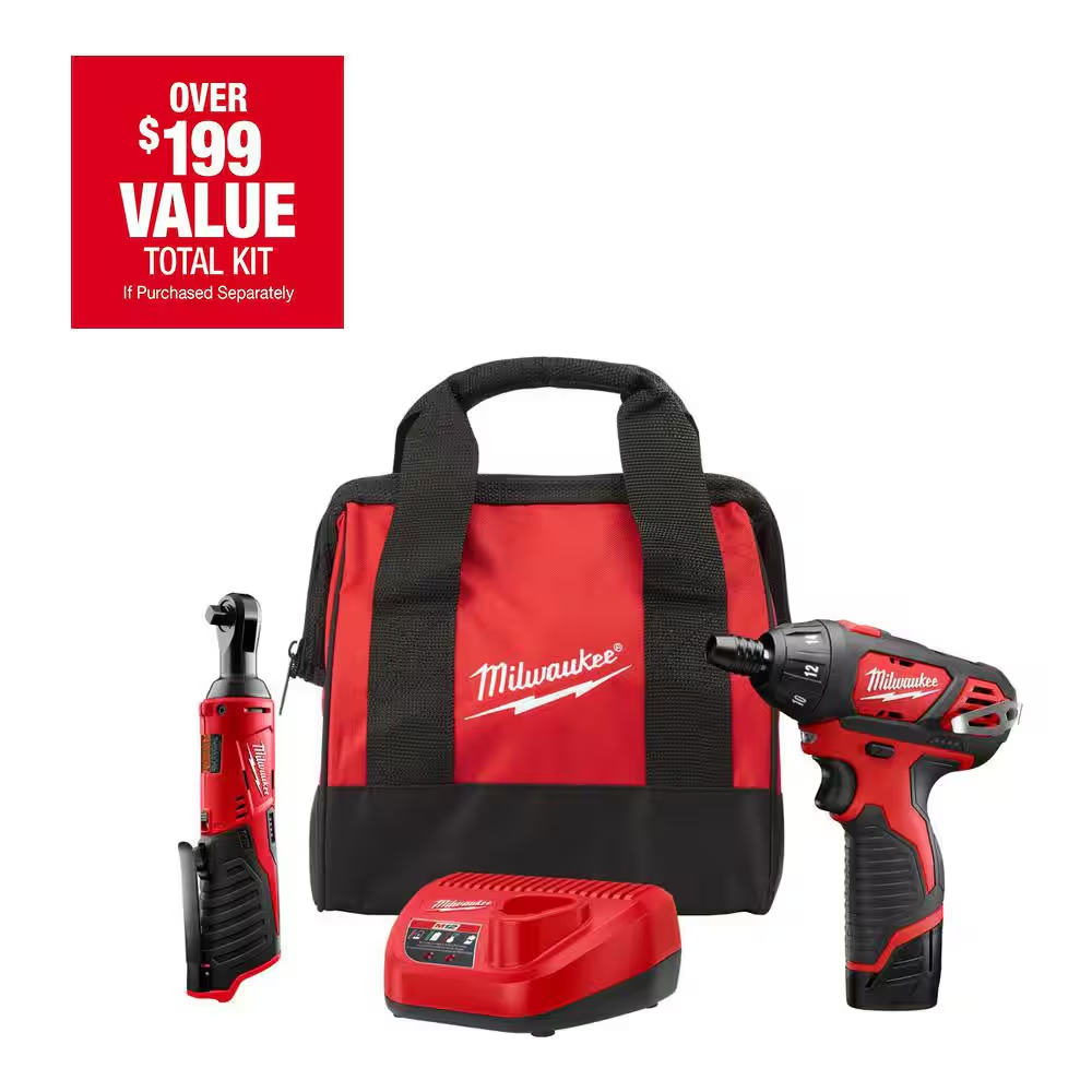 MILWAUKEE M12 12V Lithium-Ion Cordless 3/8 In. Ratchet and Screwdriver Combo Kit