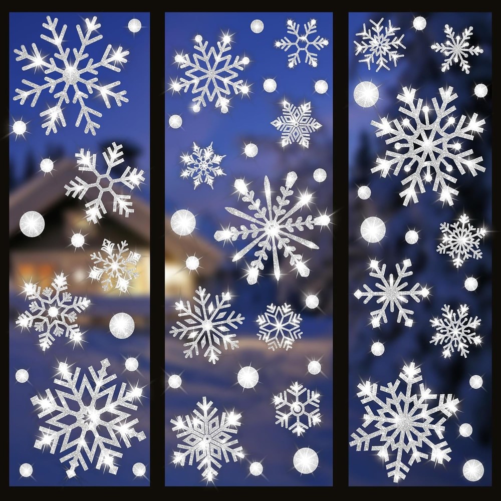 8 Sheets Extra Large Glitter Snowflake Window Clings Christmas White Sliver