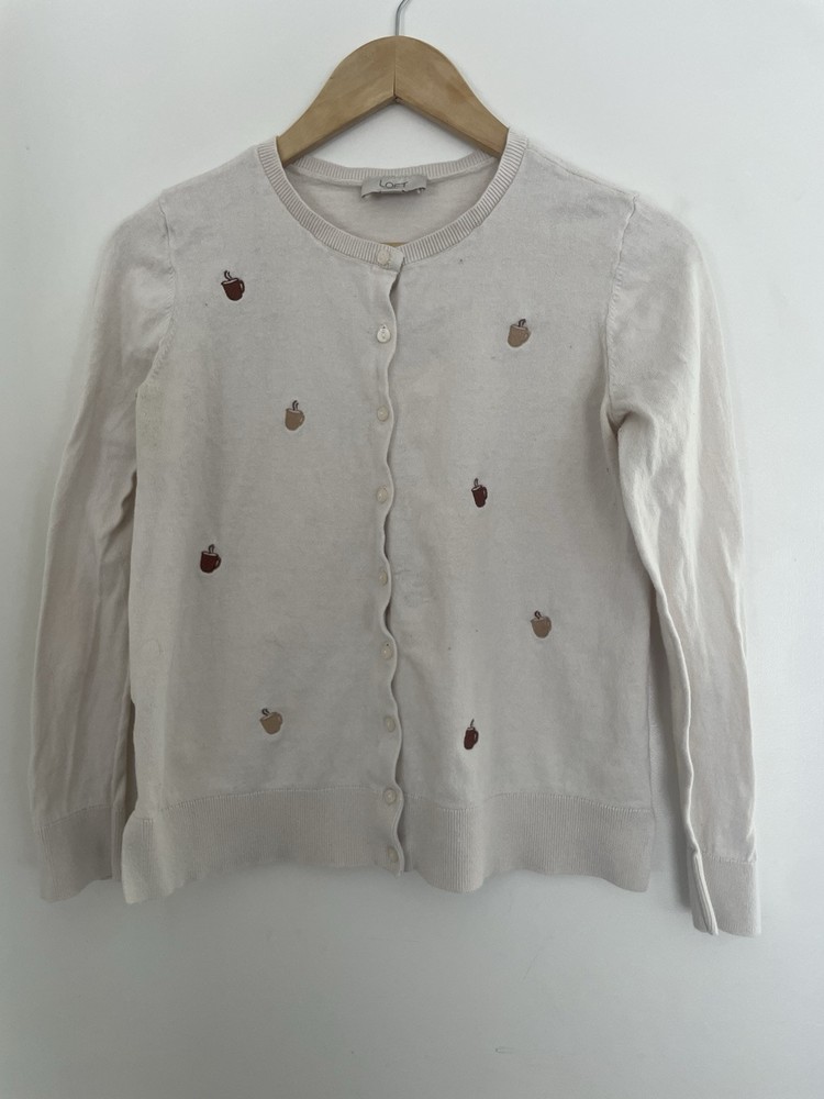Loft Women's Embroidered Hot Drink Full Button 100% Cotton Knit Cardigan Cream M