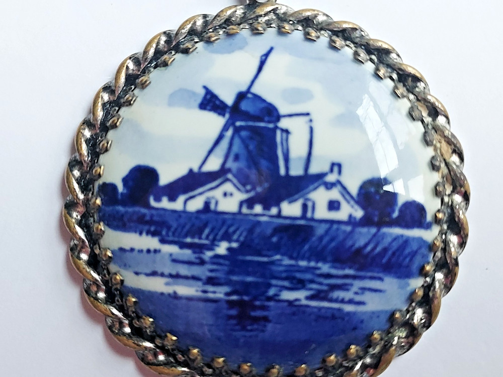 Vintage Blue Delft Antique Holland Pendant Windmill Scene