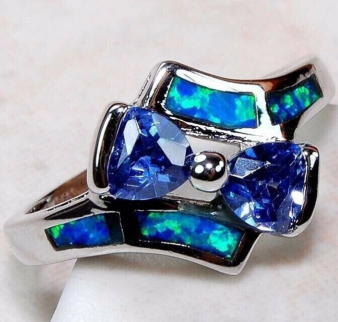 1CT Treated Sapphire & Australian Opal Inlay 925 Sterling Silver Ring Sz 7 DT2