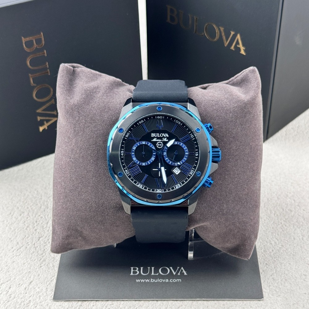 Bulova Marine Star Black Dial 44MM Chronograph Silicone Strap Men's Watch 98B308