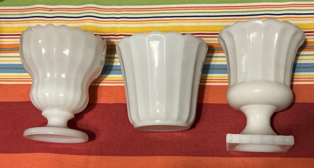 Vintage Set of 3 Fluted Scalloped Milk Glass Urns Planters Vases