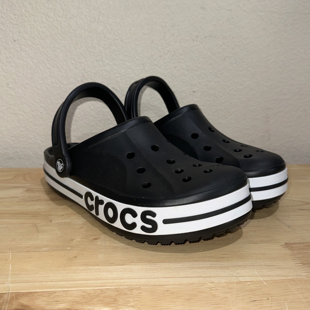 Crocs Bayaband Shoes Men’s 7 Women’s 9 Black White Chevron Clogs Slip On