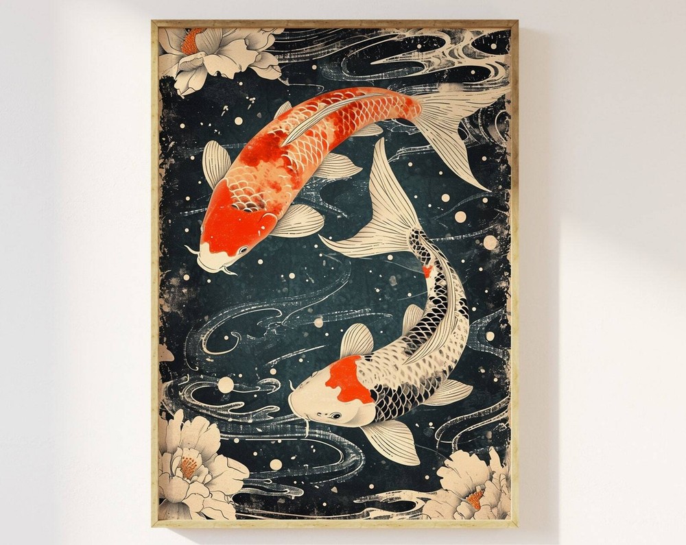 Japanese Koi Carp Wall Art Print Japanese Woodblock Art Fish Calm Zen Japanese