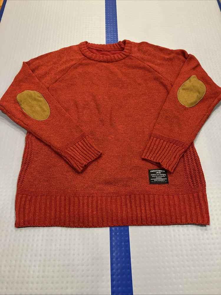 LRJD LU REN JIAO DIAN Red Knit Sweater Crew Neck Corduroy Elbow Patches Large