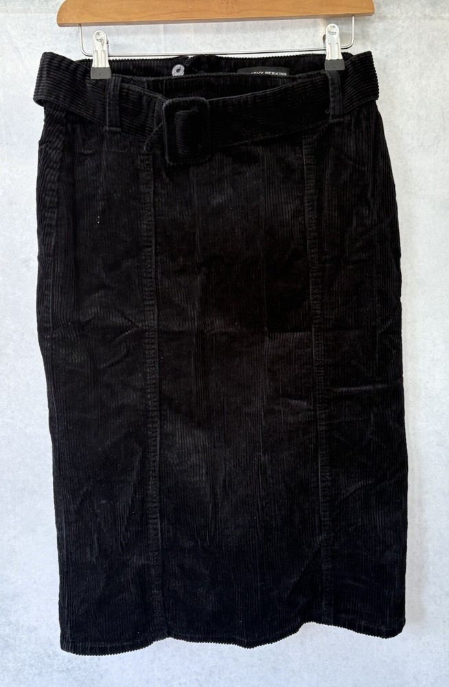 Dorothy Perkins Black Corduroy Midi Pencil Skirt Size 10 Cotton Straight Fit 27 Length