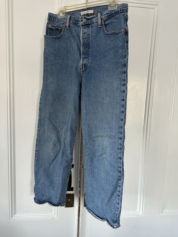 Levis Ribcage High Rise Straight Ankle Jeans Button Fly Womens Dark Blue Size 32