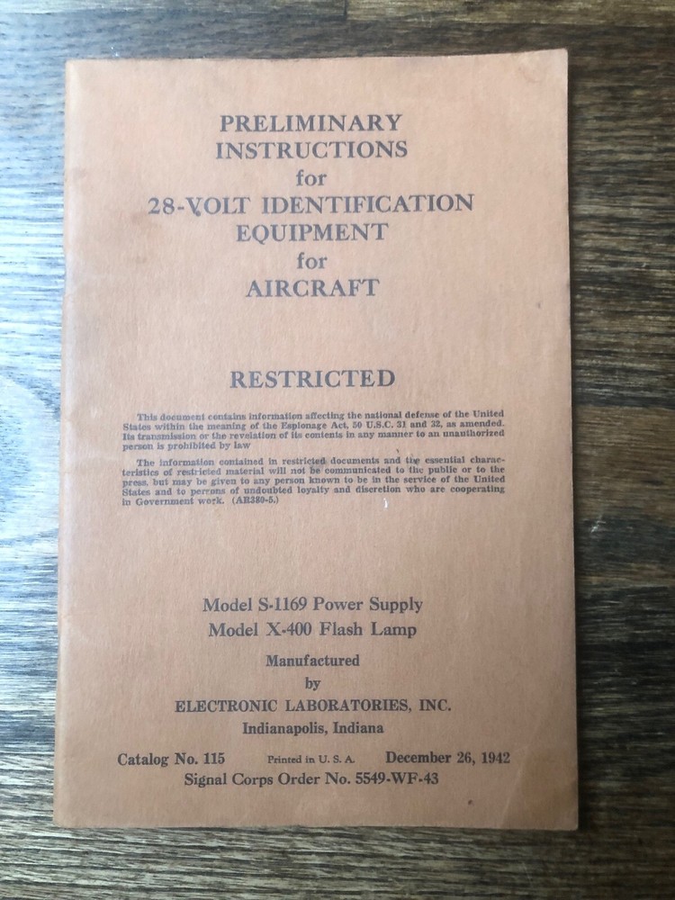 1942 WWIIl Prelim. Instructions 28 Volt Identification Equipment for Aircraft