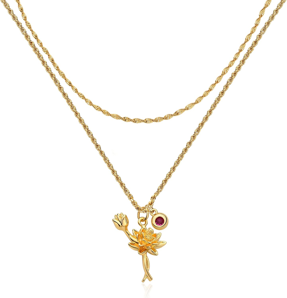 Birth Flower Necklaces for Women 18K Gold Plated Dainty Layered Birth Month Flow
