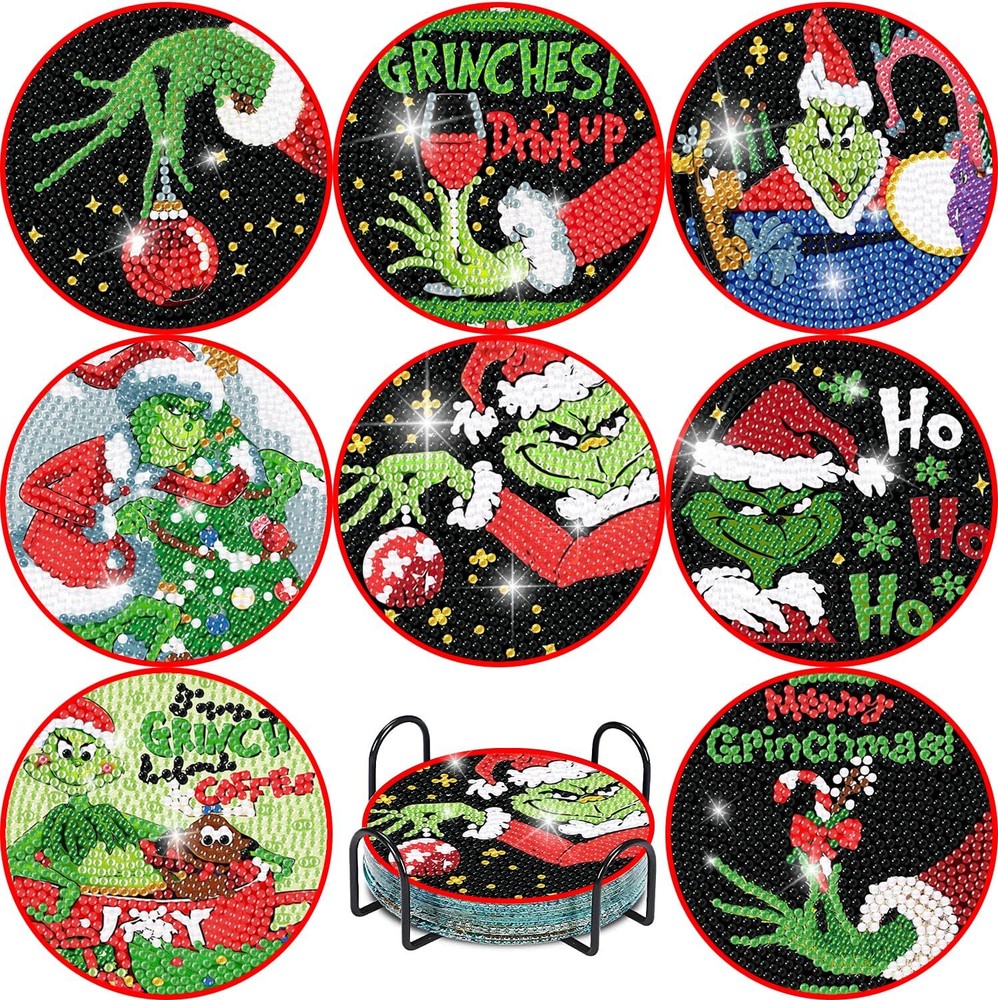 Clendo 8-Piece Christmas Diamond Painting Coaster Kit with Holder for DIY Craft Enthusiasts