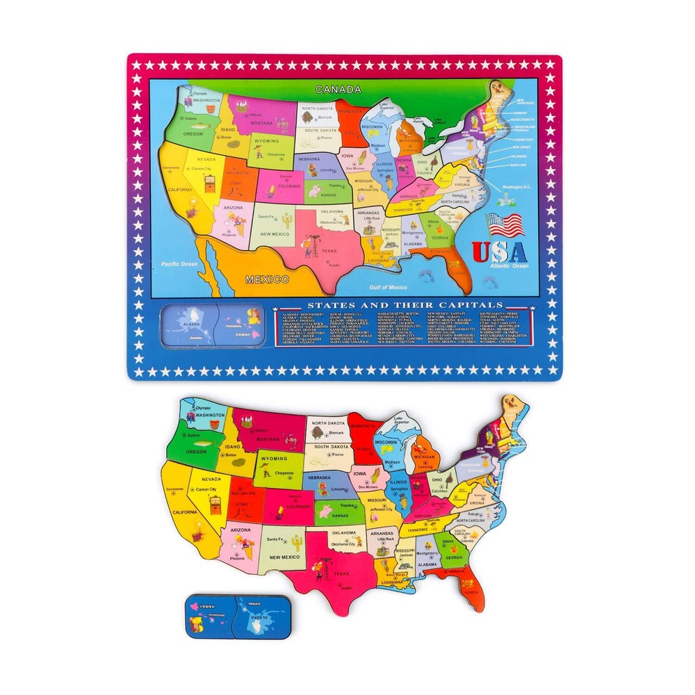 Wondertoys 46 Pieces Wooden USA Map Puzzle for Kids US Map Puzzle Educational...