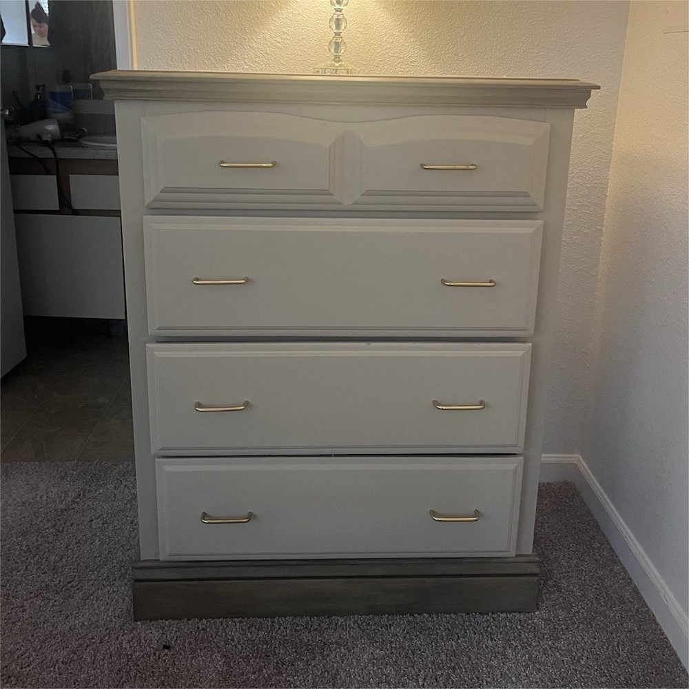 White Gray Wood Chest of Drawers 4 Brass Handles Modern Bedroom Storage