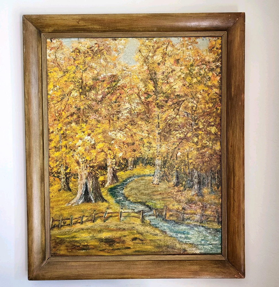 Original Oil Painting Autumn Forest Landscape River Large Vintage Signed Framed