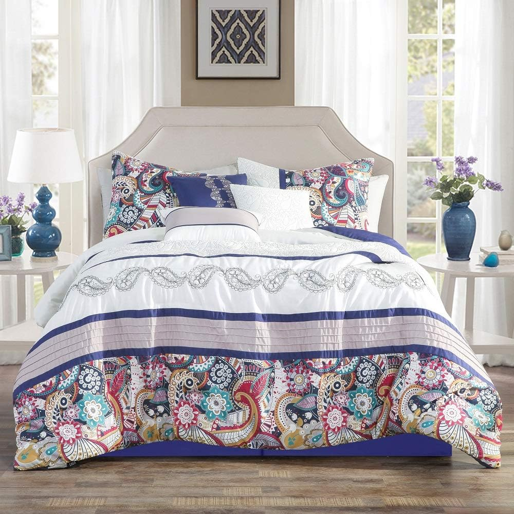 7 Piece Paisley Design Print Comforter Set Multicolor Purple White Queen Size Be