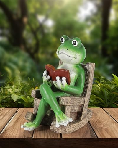 Miniature Solar Frog Reading Book Figurine Light - 5.5'' Resin Chair Statue