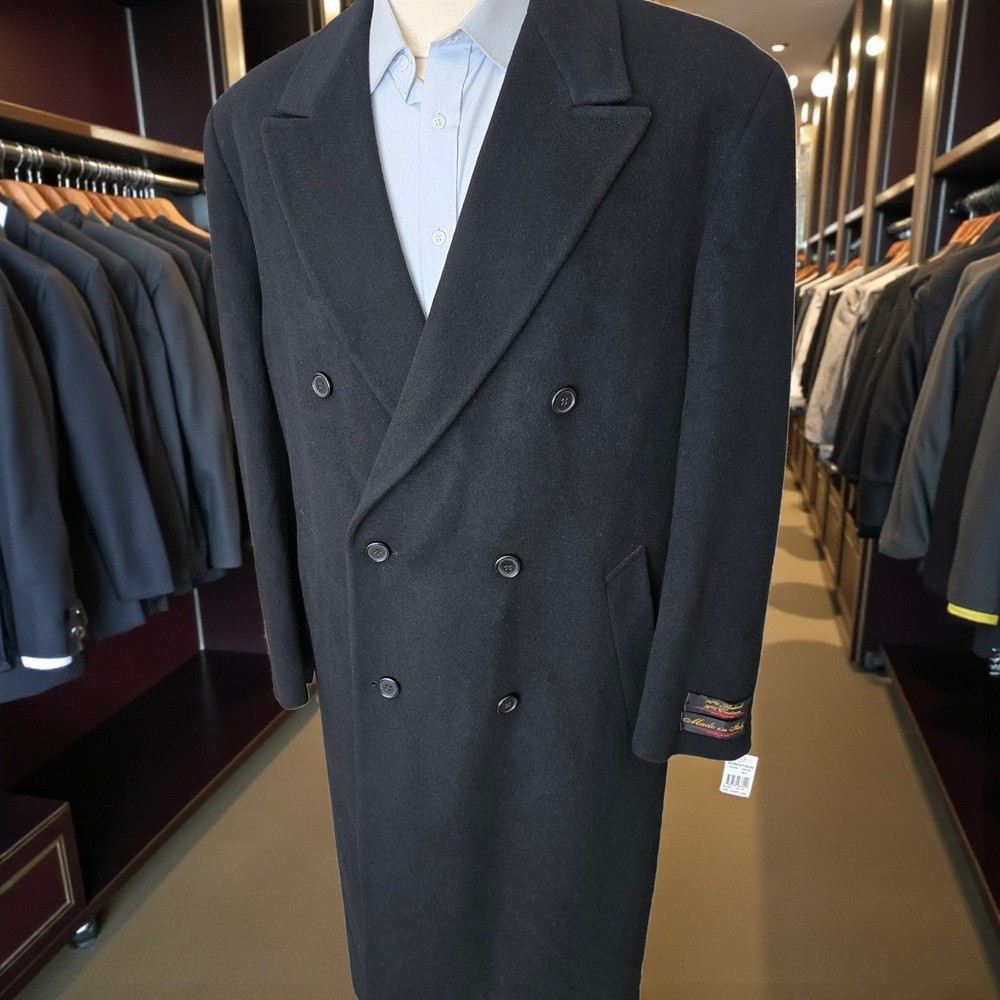 New Vintage Double Breasted Overcoat 44r Cashmere Lambswool Black Peak Lapel