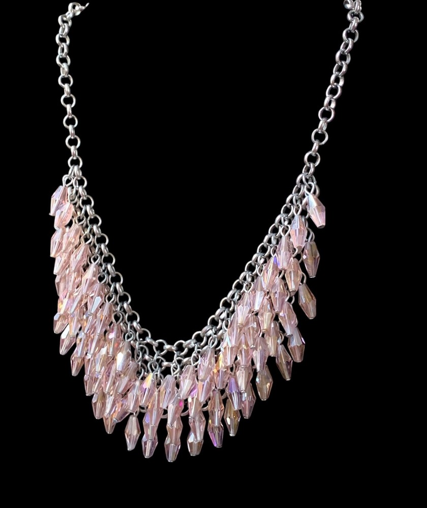 Women's Silver-Toned Iridescent Pink Crystal Beaded Dangle Necklace Bold Style