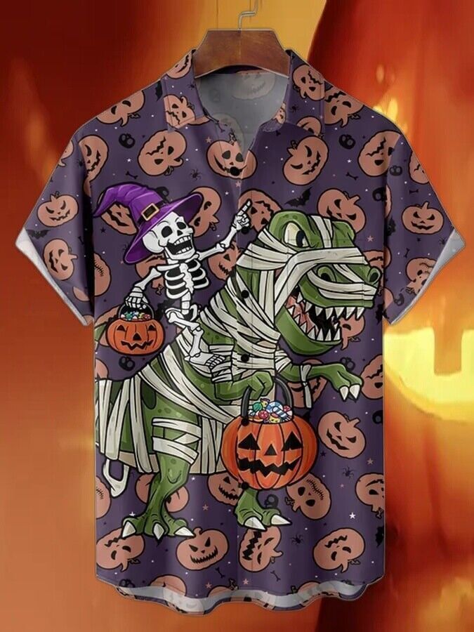 New Halloween Dinosaur Pumpkin T rex Gift Party Halloween Hawaiian Shirt S 5XL