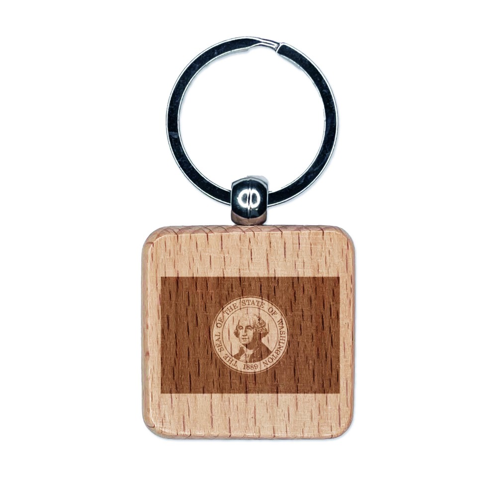 Washington State Flag Engraved Wood Square Keychain Tag Charm