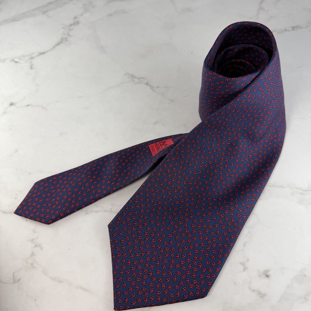 HERMES Tie Small pattern Dot Navy Red Silk Authentic From Japan
