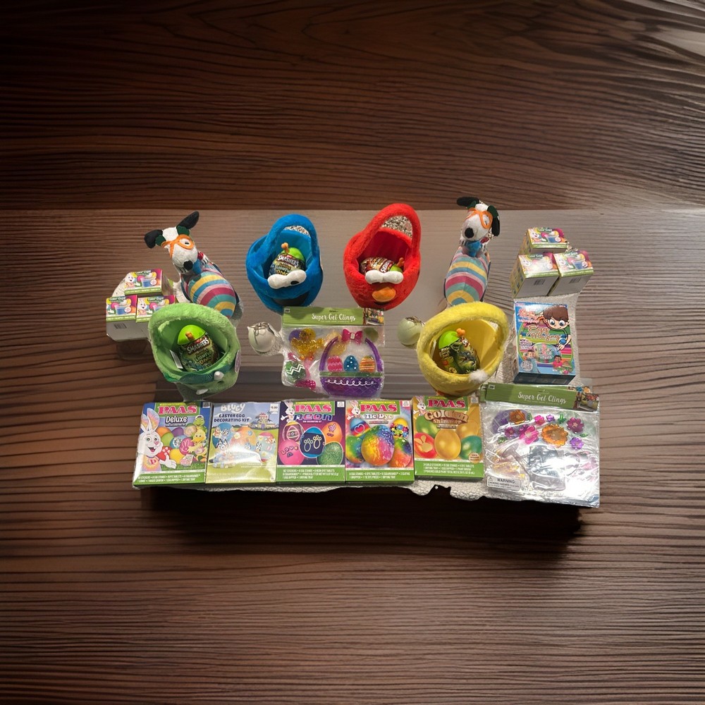 Easter Basket Lot-New Basket, Stuffed Plush Bunny,Plastic Fillable Eggs, Grass +