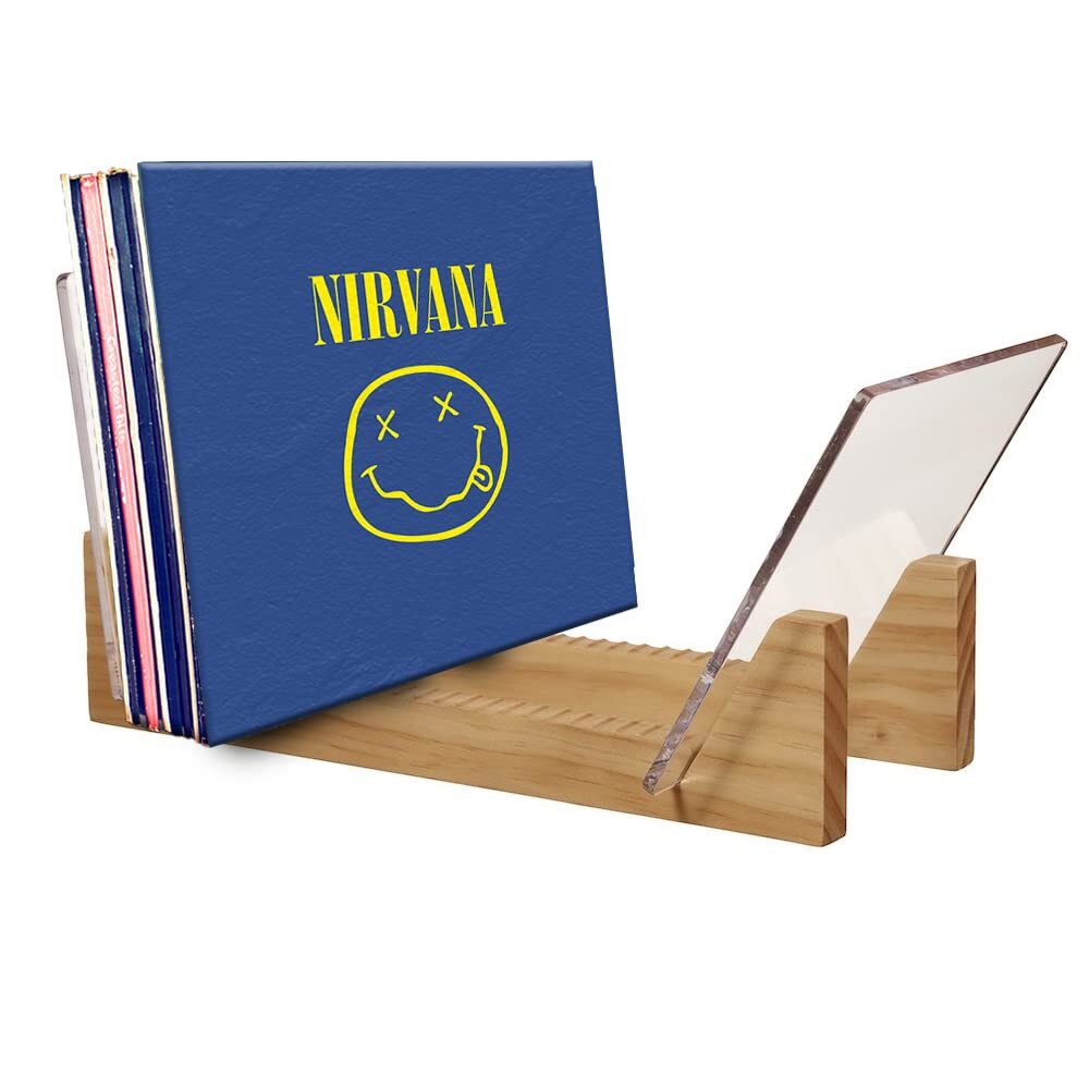 Vinyl Record Storage Holder - Solid Wood with Crystal Clear Acrylic Holder - ...