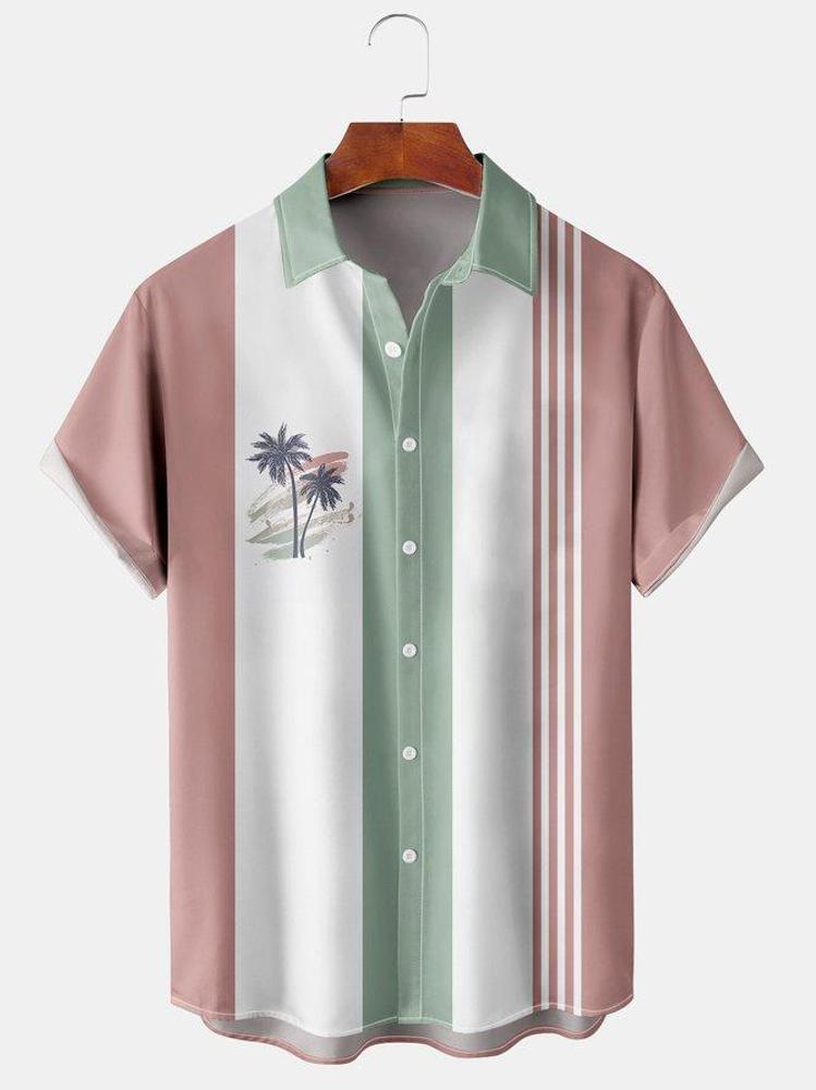 Menx27s Coconut Print Striped Casual Short Sleeve Hawaiian Shirt