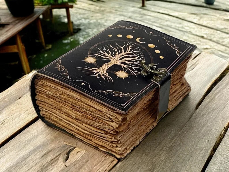 Handcrafted Blank Spell Leather Grimoire with Tree of Life Embossing