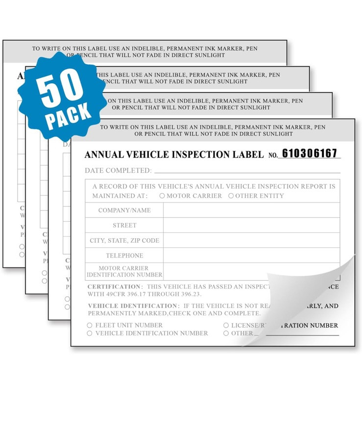 50-PACK. Annual Vehicle Inspection Label 2-Ply Vinyl with Mylar. FMCSA DOT Compl