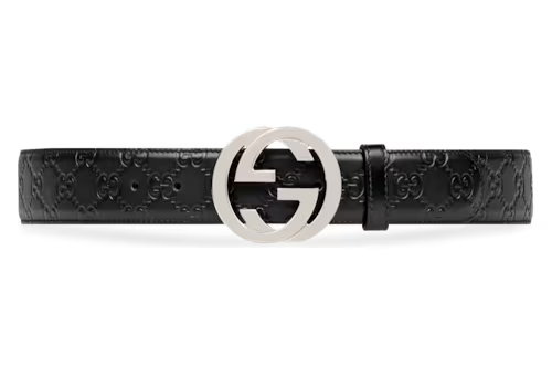 Gucci Mens Black Leather Belt with Iconic Interlocking G Buckle