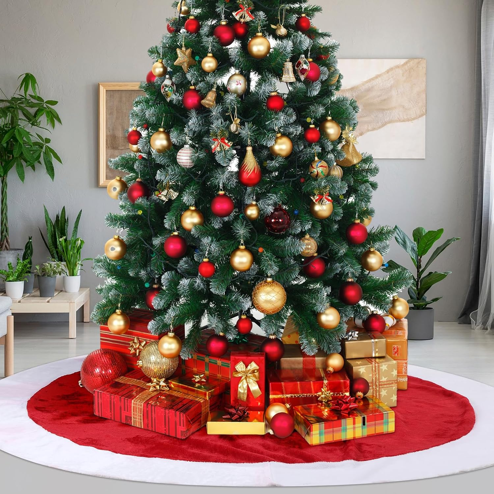 84 Inch Large Christmas Tree Skirt Red White Plush Tree Skirt Mat Christmas F...
