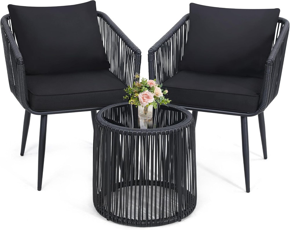 3-Piece Black Rattan Patio Bistro Set for Balcony or Porch