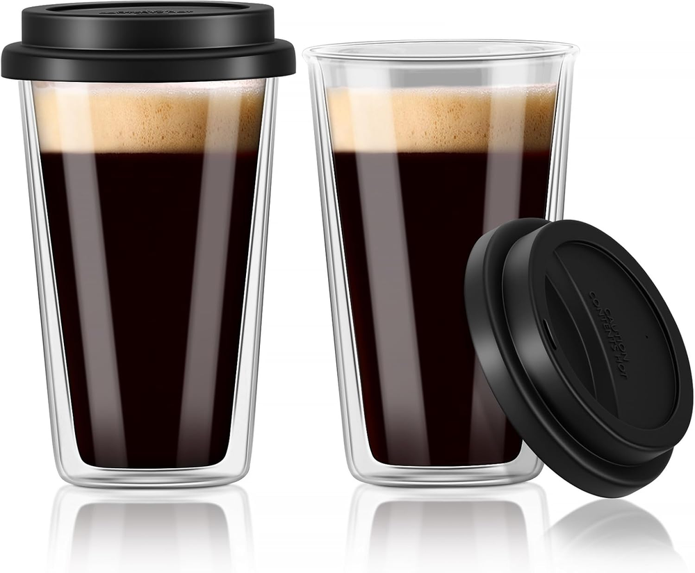 Double Walled Glass Coffee Mugs with Silicone Lids,12 OZ 2 Packs Insulated Dr...
