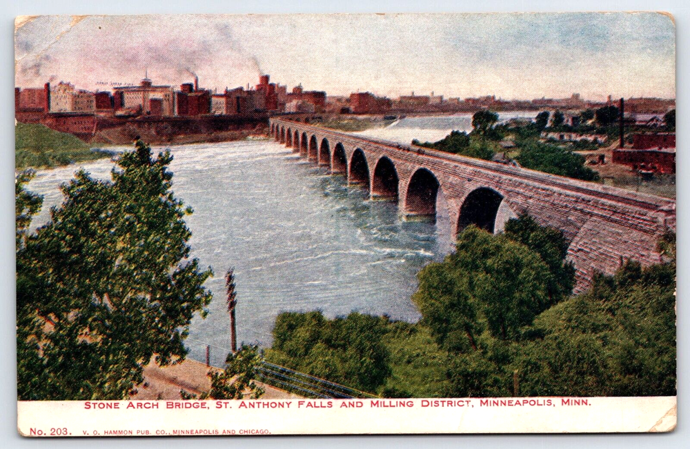 Original Vintage Antique Postcard Stone Arch Bridge Falls Milling Minneapolis MN