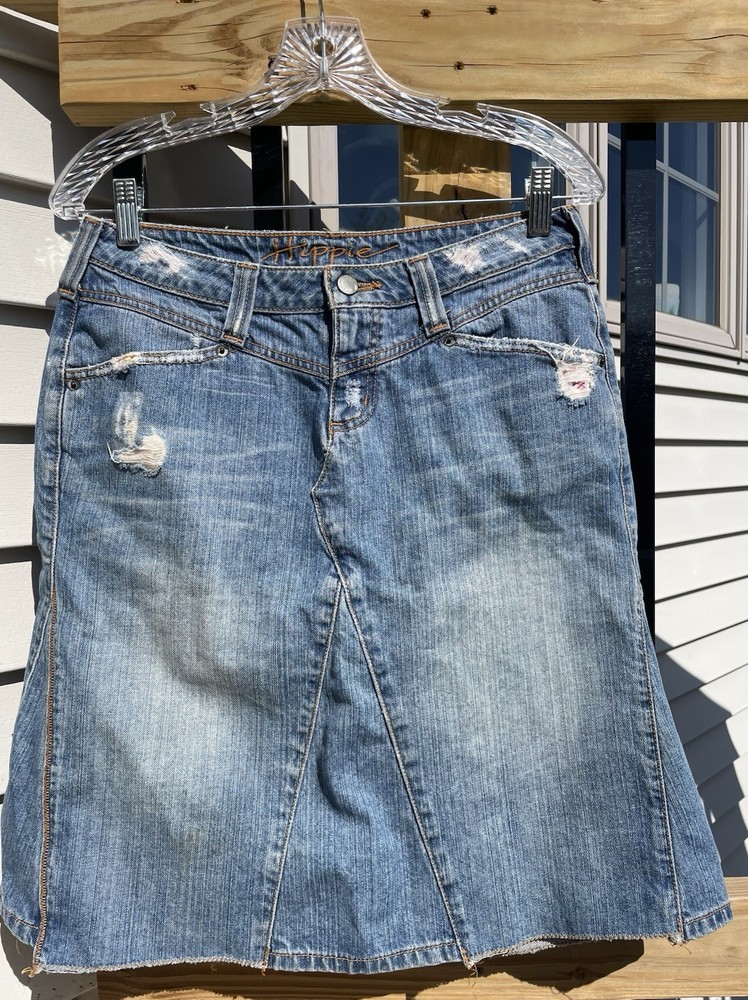 Hippie women's distressed denim pencil skirt with frayed hem size 7