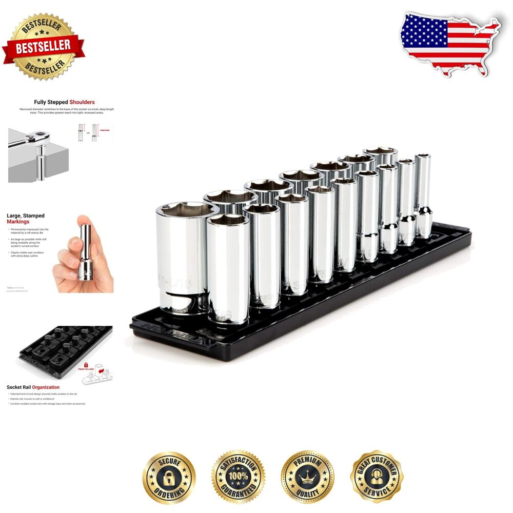 1/2 Inch Drive Deep Socket Set with Twist-to-Lock Rail - Durable and Organized