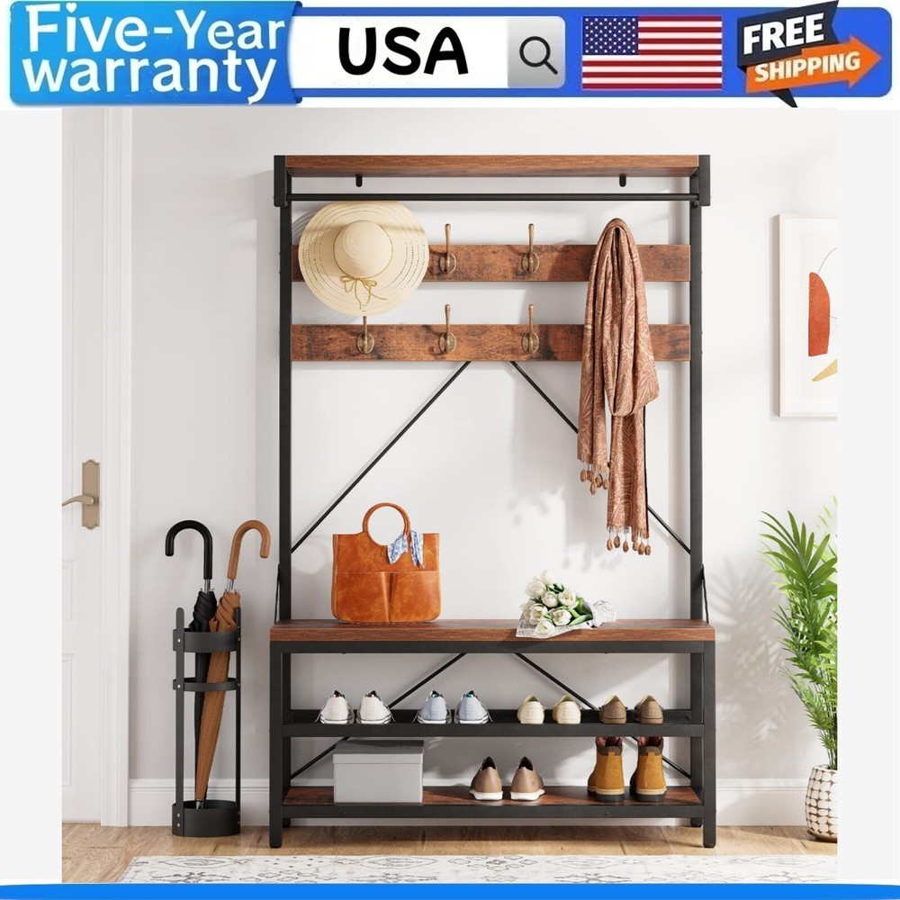 🎱Industrial Coat Rack Shoe Bench 72