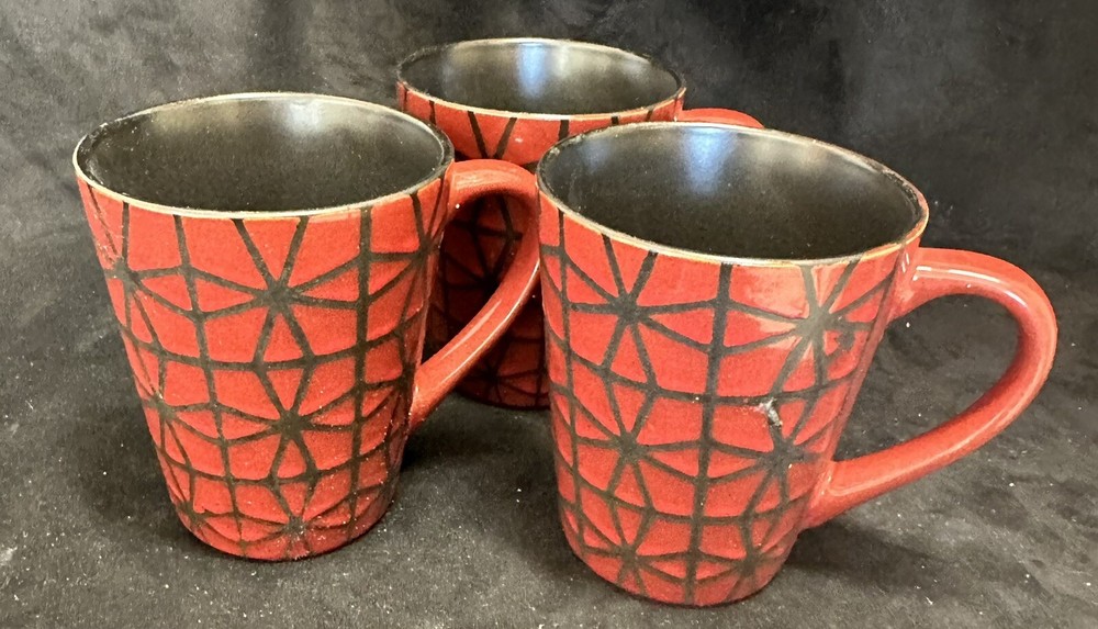 Red and Black Patterned Coffee Mugs Set Of 3