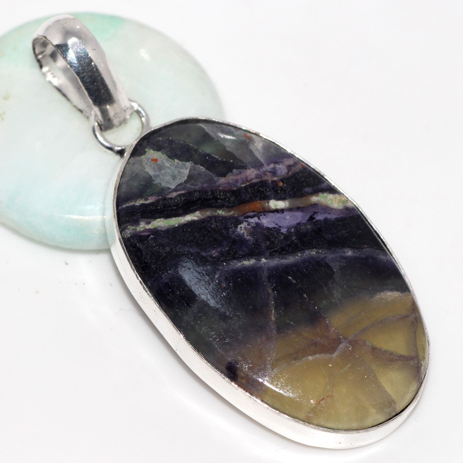 Purple Fluorite 925 Silver Plated Gemstone Pendant 2 Inch Aesthetic Jewelry JW
